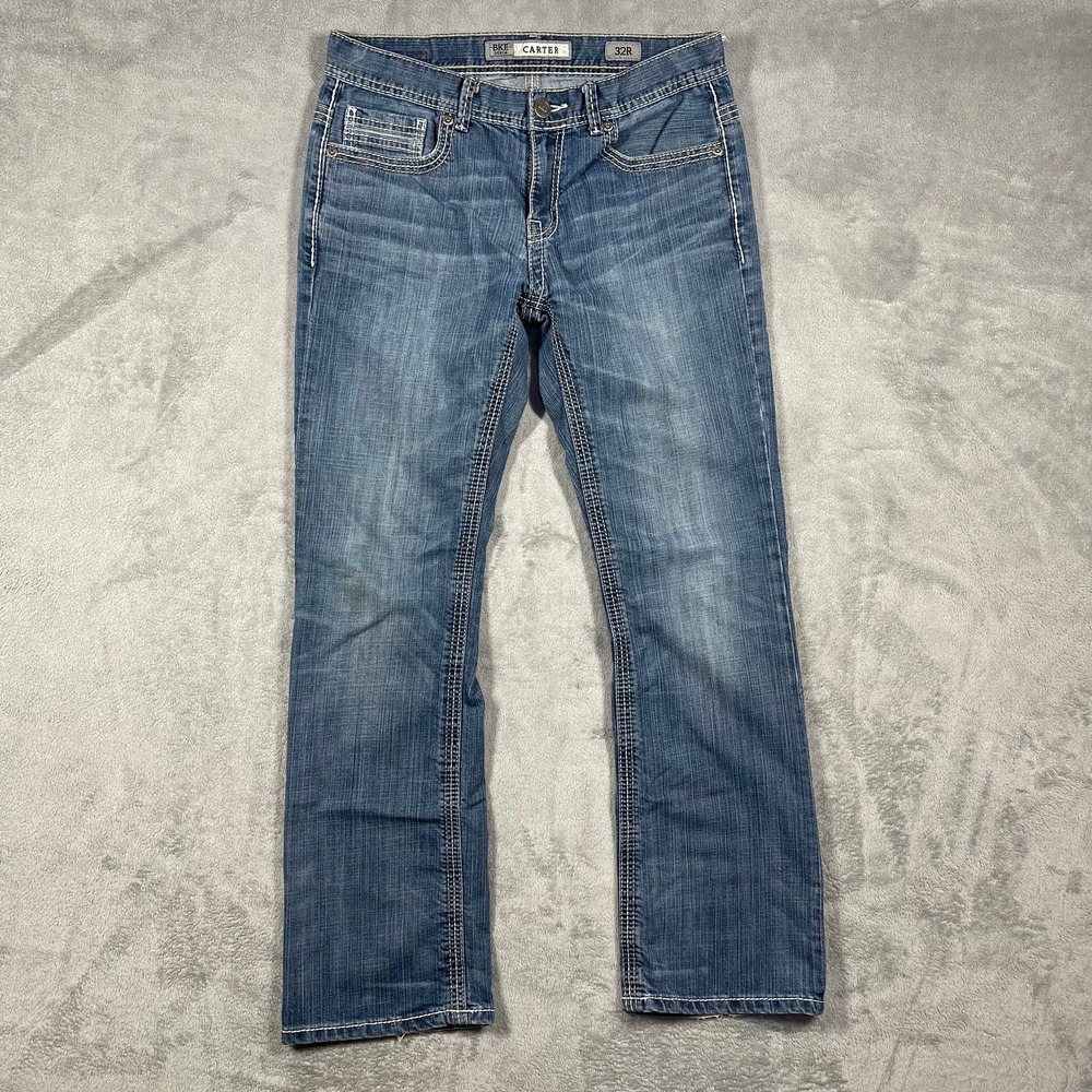BKE Carter Jeans Mens 32R Blue Straight Leg Contrast Stitch Medium Wash Denim